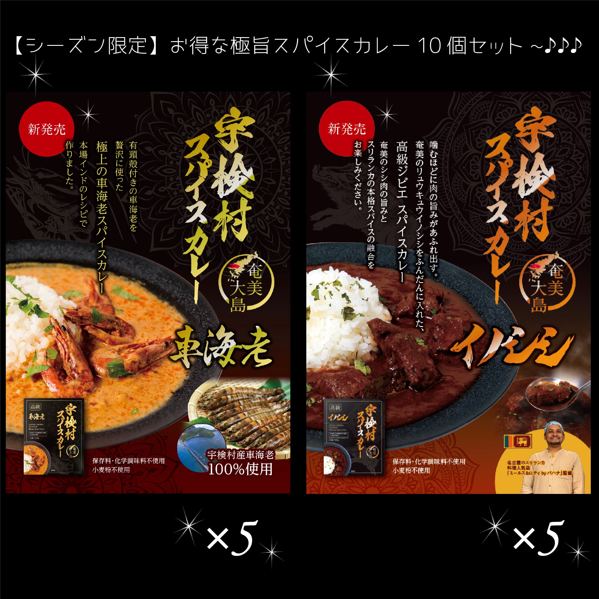 奄美大島 宇検村発！車海老×リュウキュウイノシシの極上スパイスカレー各５個  ★10個セット『高級』黒のシリーズ！
